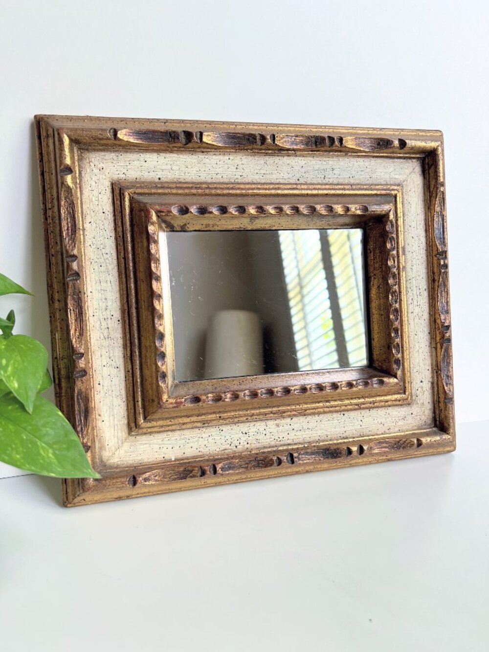 Vintage MCM Wall Hanging Mirror with Gold Gilded Hand Carved Wood Frame 13.2"